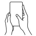 Hands holding smartphone,  touching screen, monochrome illustration Royalty Free Stock Photo
